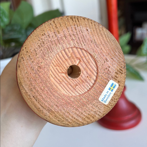 Vintage Red Wood Candle Holders Pair Made in Sweden - Picture 4 of 12